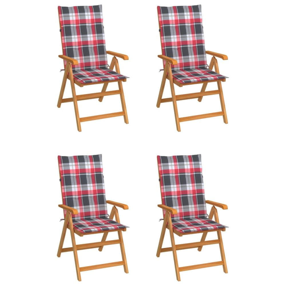 Vidaxl Záhradné stoličky 4 ks podložky s červeným kockovaným vzorom tíkový masív